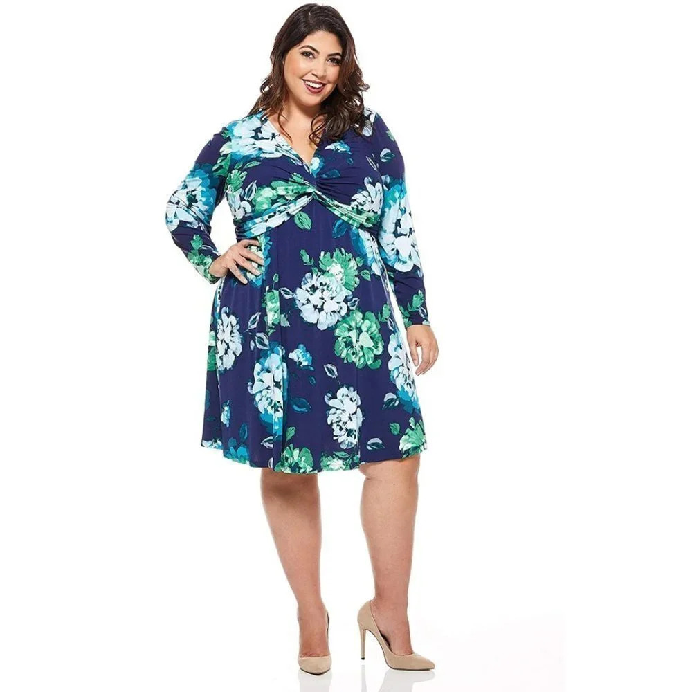 London Times NWT Navy & Teal Floral Curve Mouana Fit & Flare Dress Plus Size 1X